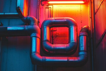 Neon Lit Industrial Pipes Against Wall