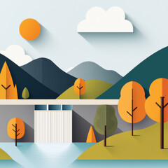 Fototapeta premium Flat design artwork of dam releasing water into serene landscape with mountains, trees, and bright sun