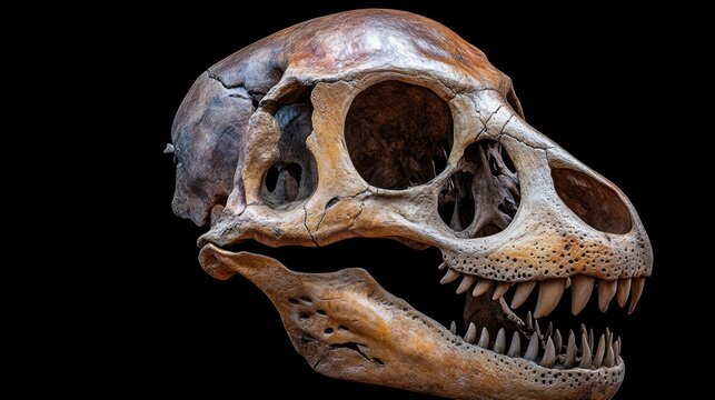 A detailed photograph of a large animal skull against a black background, perfect for educational materials, documentaries, or art projects related to paleontology and biology