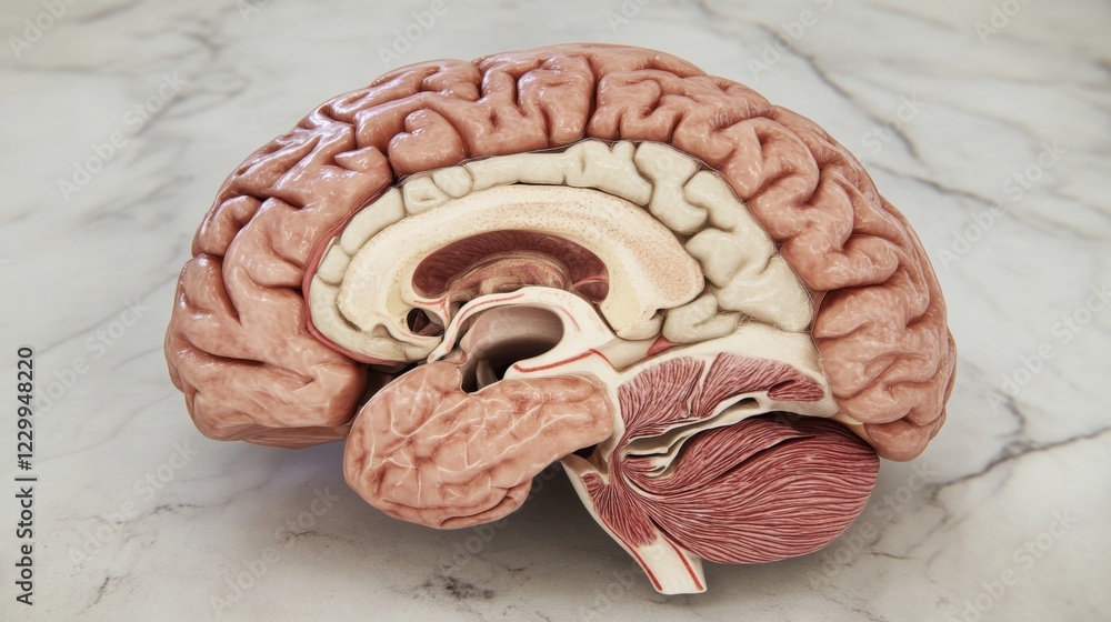 Poster a detailed d rendering of a human brain with highlighted areas showing different functions, placed o