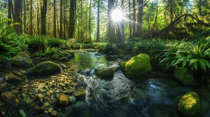 Obraz premium Sunlit creek flows through mossy forest