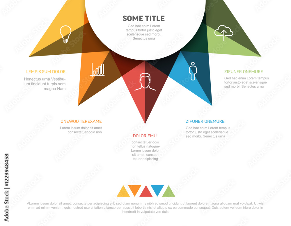 Poster a colorful infographic template with six triangular sections, each featuring an icon and text. the s