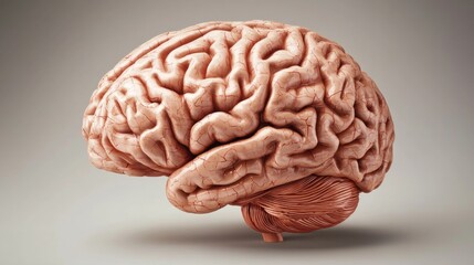 Fototapeta premium A detailed D rendering of a human brain with highlighted areas showing different functions, placed on a sleek, modern surface with soft lighting