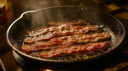 A detailed image of bacon being cooked in a cast-iron skillet, with droplets of grease splattering, evoking the sounds and aromas of a hearty breakfast