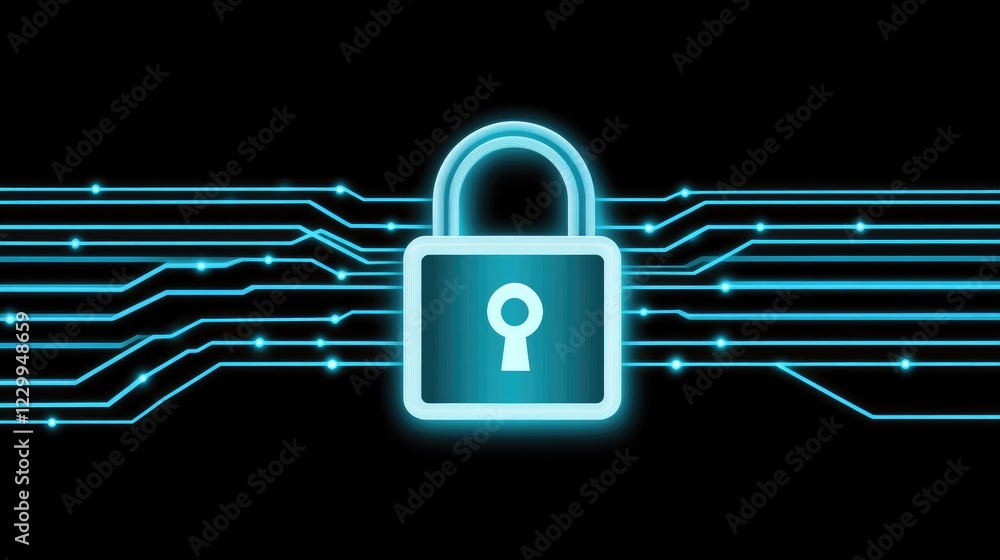 Poster a cyber-security concept with a glowing digital padlock and abstract lines.