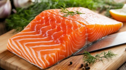 A detailed shot of a salmon filet being sliced with a sharp knife on a wooden cutting board, showcasing the fresh, flaky texture and rich color of the fish
