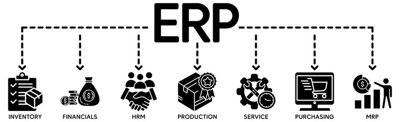 ERP concept banner icon contain of inventory, financials, HRM, production, service, purchasing, and MRP vector illustration