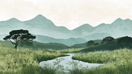 Serene Green Valley Landscape with Winding River and Misty Mountains invites tranquility.