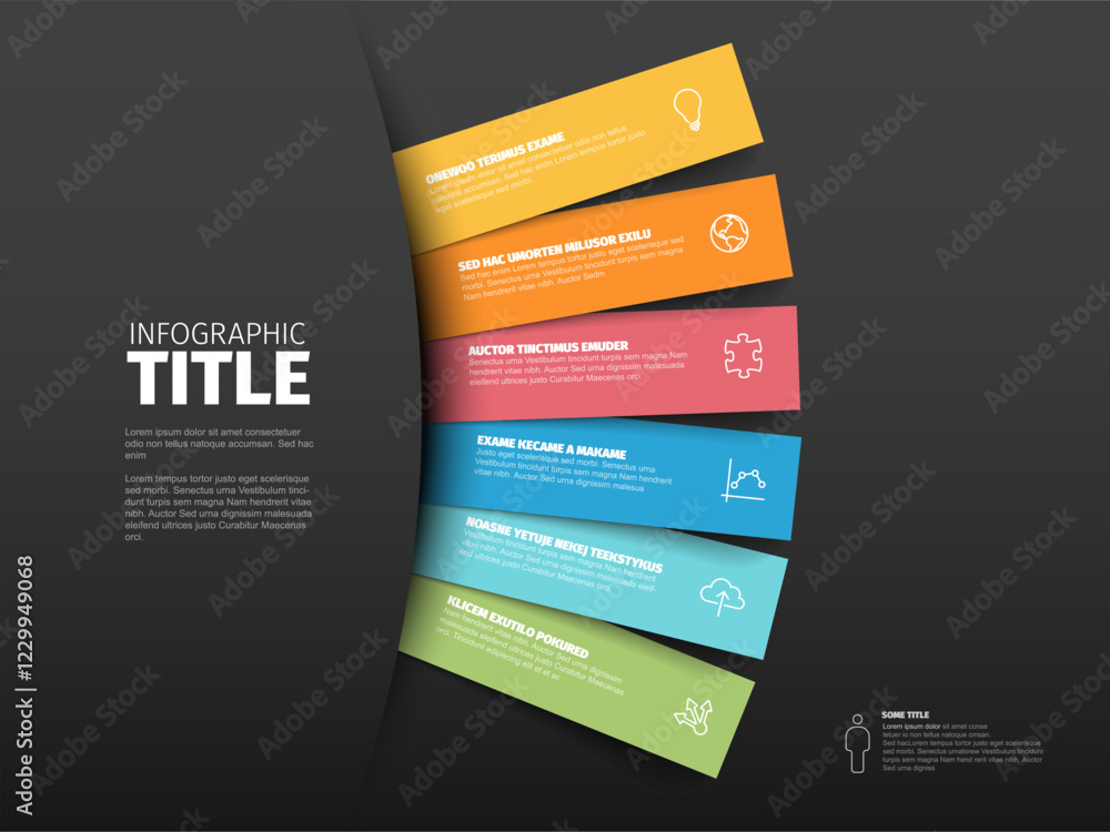 Poster a vibrant infographic with six colored segments displaying text headers and icons on color stripes. 