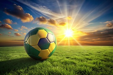 Aerial View of Soccer Ball with Brazilian Flag, Drone Shot