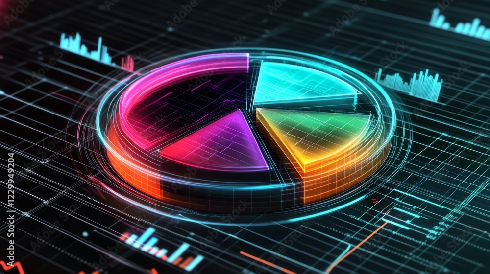 Poster a digital pie chart with multicolored segments, glowing slightly against a dark grid background, con