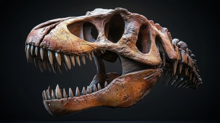Fototapeta premium A detailed close-up of a dinosaur skull, showcasing its impressive teeth and structure, Ideal for educational materials, museum promotions, or themes related to paleontology and prehistoric life,