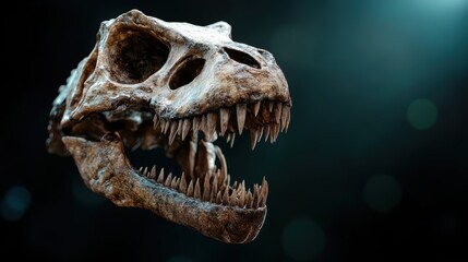 Fototapeta premium A detailed, close-up shot of a dinosaur skull, showcasing intricate tooth structure and aged textures, This image can be utilized in educational materials, museum displays, and scientific articles,