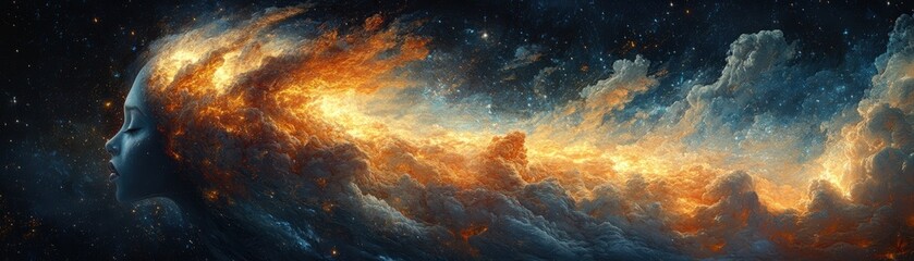 Obraz premium Giant alien creature gazing directly at the viewer in a colorful space scene with stars and planets