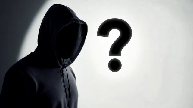 anonymously man,incognito,unknown person,person wanted. A mysterious man wearing a hoody does not see his face, has a question mark on the hood: the concept of finding the mysterious person.