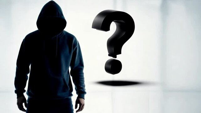 anonymously man,incognito,unknown person,person wanted. A mysterious man wearing a hoody does not see his face, has a question mark on the hood: the concept of finding the mysterious person.