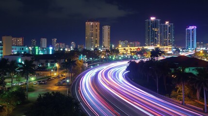 Obraz premium A dramatic nighttime view of a long exposure shot of an expressway, with bright lights creating trails from moving cars, emphasizing the energy and activity of the city.