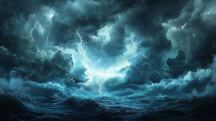 Dramatic thunderstorm over the ocean with lightning illuminating dark clouds and turbulent waves
