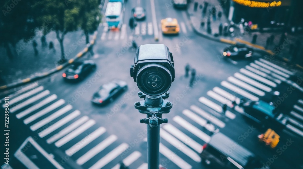 Poster a dramatic perspective of a cctv camera installed on a tall pole, with a clear view of a bustling in