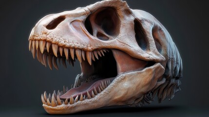 A realistic dinosaur skull sculpture showcasing intricate details and sharp teeth, suitable for educational materials, museums, or children's books about prehistoric life,
