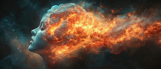 Obraz premium Womans face surrounded by orange and blue explosion in abstract artistic background