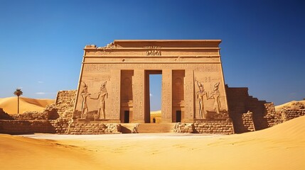 Ancient Egyptian Temple Surrounded by Golden Desert Sands in Bliss