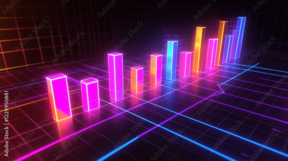 Poster a dynamic d bar graph with glowing neon bars, showing data comparison in a high-tech setting with gr