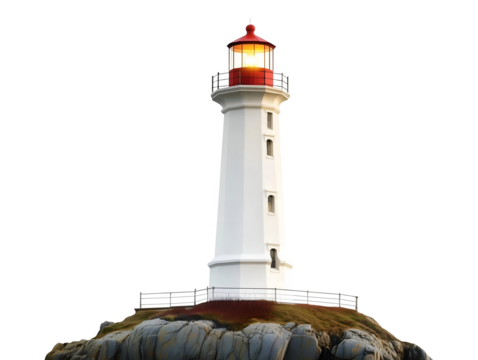 White lighthouse on rocky base isolated on transparent or white background, png