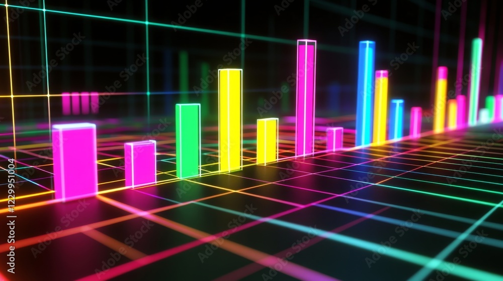 Poster a dynamic d bar graph with glowing neon bars, showing data comparison in a high-tech setting with gr