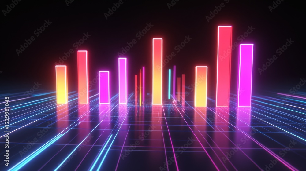 Poster a dynamic d bar graph with glowing neon bars, showing data comparison in a high-tech setting with gr