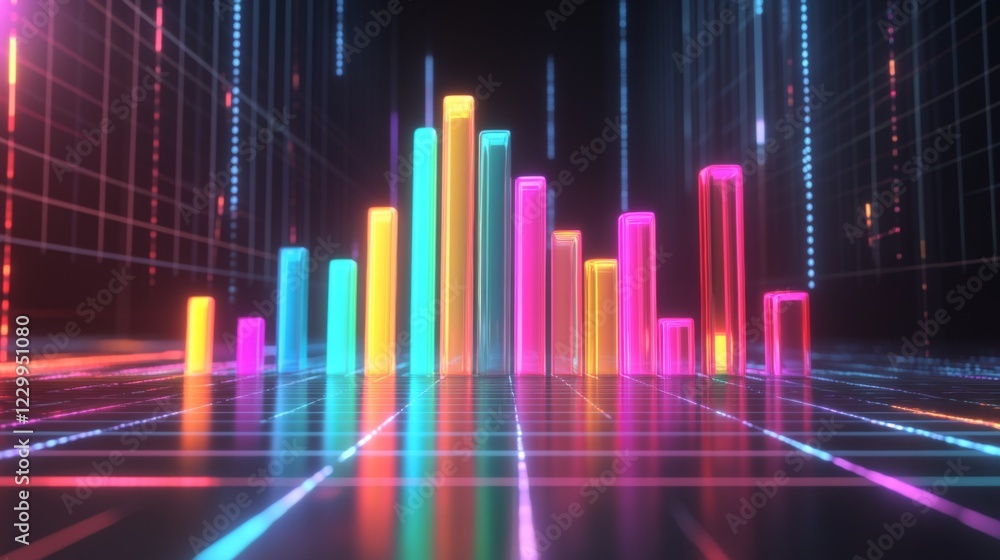 Poster a dynamic d bar graph with multicolored bars arranged in a rising trend, displayed on a digital grid