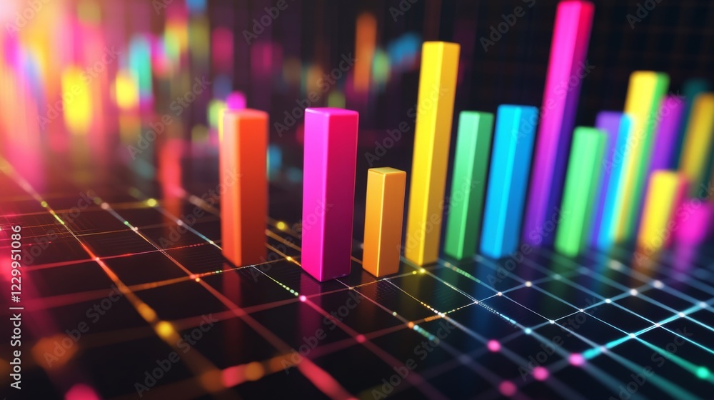 Poster a dynamic d bar graph with multicolored bars arranged in a rising trend, displayed on a digital grid