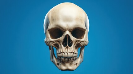 Obraz premium A detailed skull is displayed against a bright blue background, making it ideal for educational purposes in anatomy studies, medical illustrations, or artistic projects related to human biology,