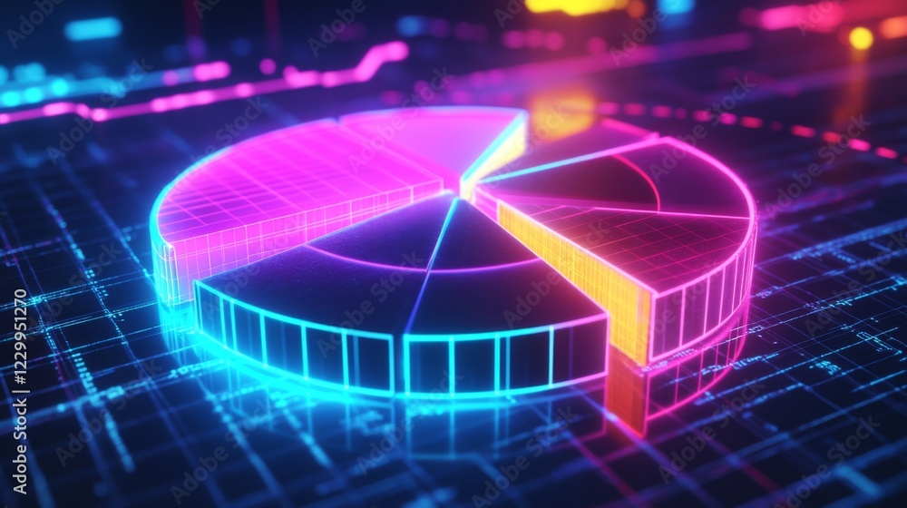 Aufkleber A dynamic D pie chart with glowing neon-colored slices, separated to emphasize individual data points, set against a digital grid background.
