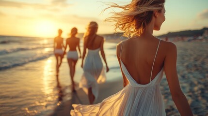 Fototapeta premium Women in white dresses walking on beach at sunset.