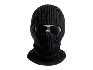 Knitted black ski mask with sunglasses isolated on transparent or white background, png