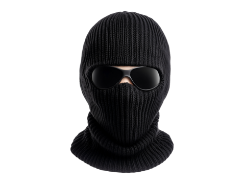 Knitted black ski mask with sunglasses isolated on transparent or white background, png