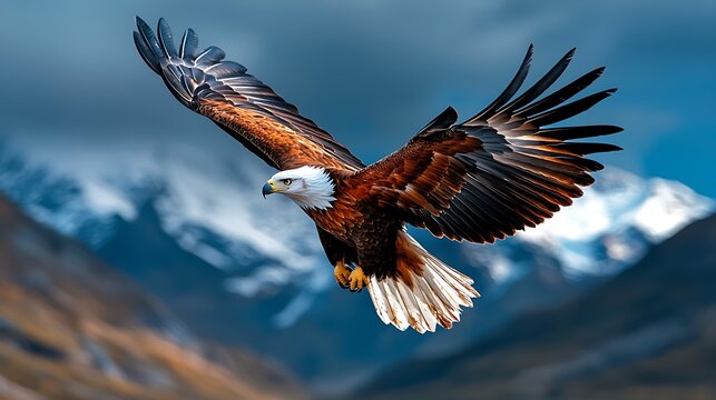 Majestic eagle soaring above snow-capped mountains; wildlife, nature, freedom