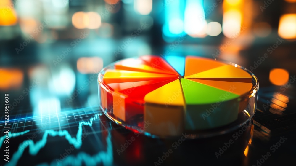 Fototapete a dynamic financial pie chart with bright, segmented slices showing business income allocation, over
