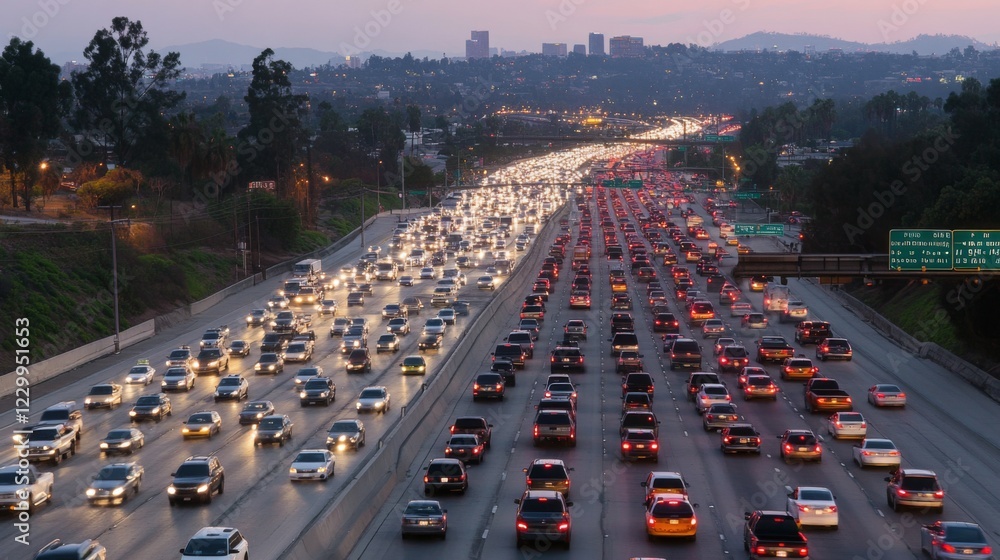 Poster A dynamic aerial view of a busy expressway during rush hour, showcasing streams of headlights and taillights as vehicles move in both directions, illustrating the hustle of urban life.