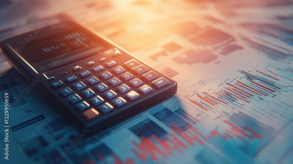 Poster a financial calculator with business charts and data sheets spread around it.