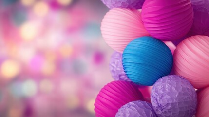 Fototapeta premium Colorful paper lanterns in shades of pink, purple, and blue create a vibrant decoration backdrop, perfect for celebrations or events, This image can be used for party planning or festive themes,