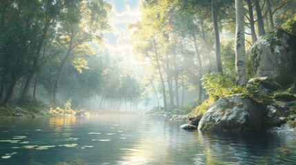 Obraz premium Sunlit forest river, misty morning, tranquil scene, nature background, idyllic landscape