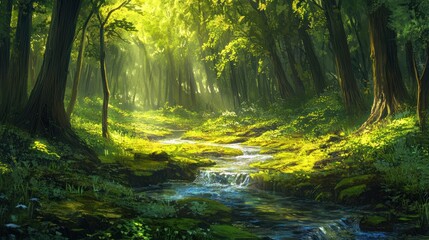 Obraz premium Sunlit forest stream, dappled light, lush greenery, peaceful background, nature scene