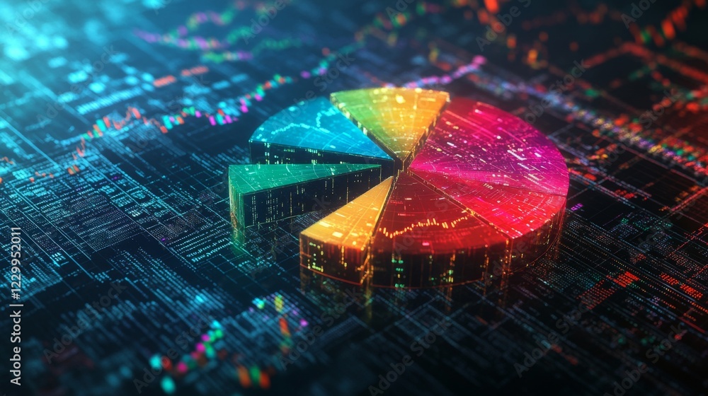 Poster a dynamic financial pie chart with segmented slices, showing investment portfolio allocation, overla