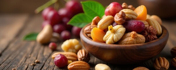 Variety of nuts and dried fruits in a wooden bowl , organic, snack