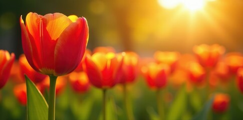 Vibrant tulips bask in golden sunlight, petals unfurling , sunlight, field