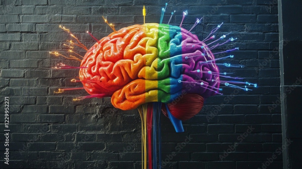 Aufkleber A dynamic image of a brain connected to colorful wires, representing the flow of information and technology, set against a dark, tech-inspired background