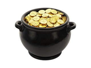 Black cauldron of gold coins isolated on transparent or white background, png
