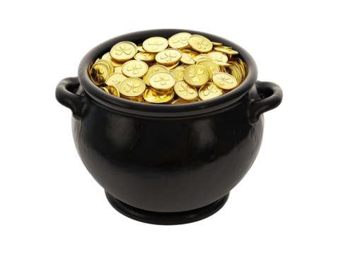 Black cauldron of gold coins isolated on transparent or white background, png